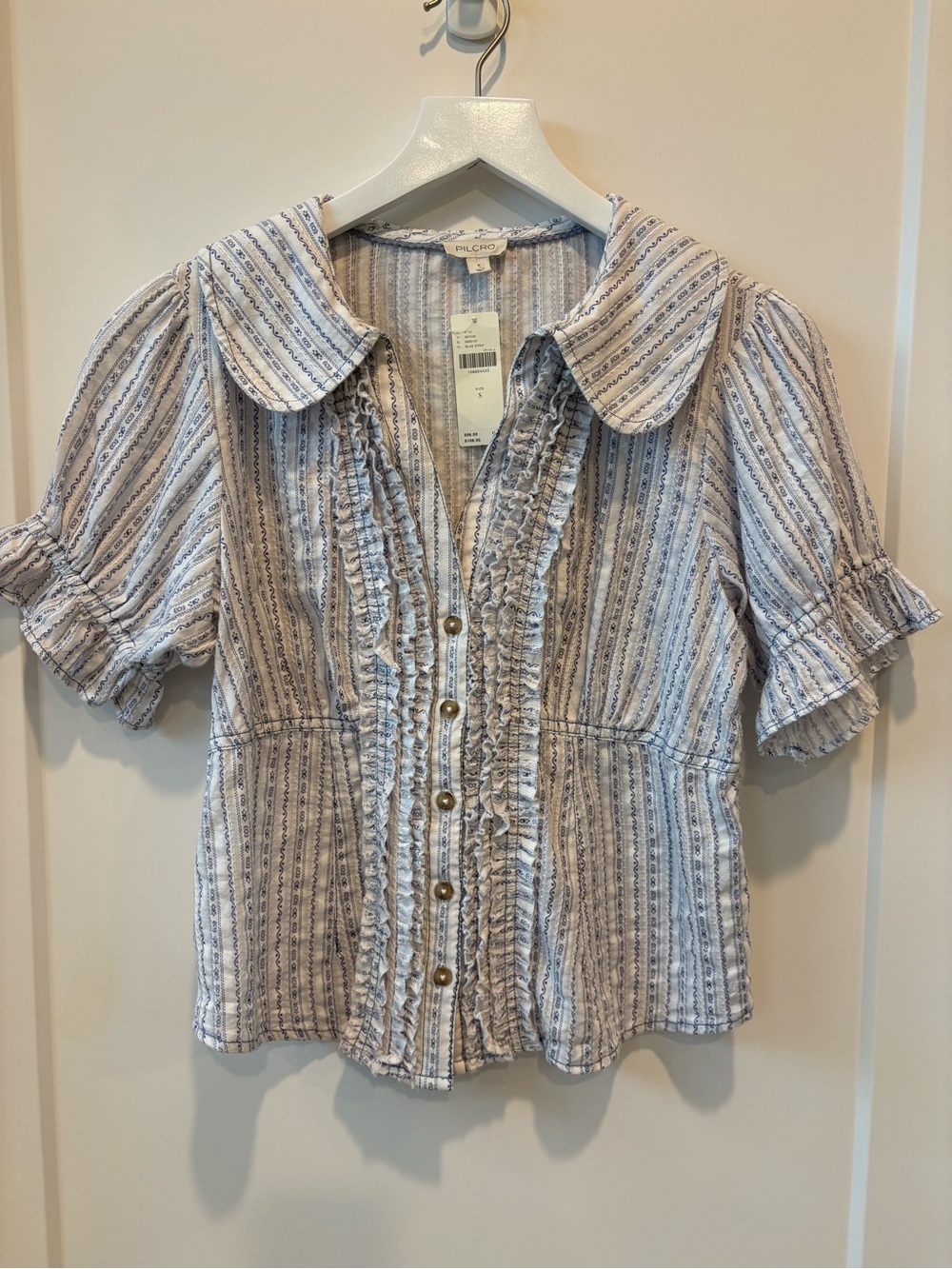 Pilcro Keira Tuxedo Blouse, Light Blue & White Striped Ruffle-Trim Button Down - Picture 5 of 11